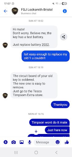 LOCKSMITH FGJ BRISTOL CAR KEY — Customer photo